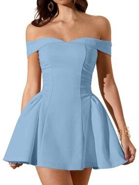 Women's Mini Dress Sky Blue Strapless Neck A-line Sleeveless Bodycon Pull Over